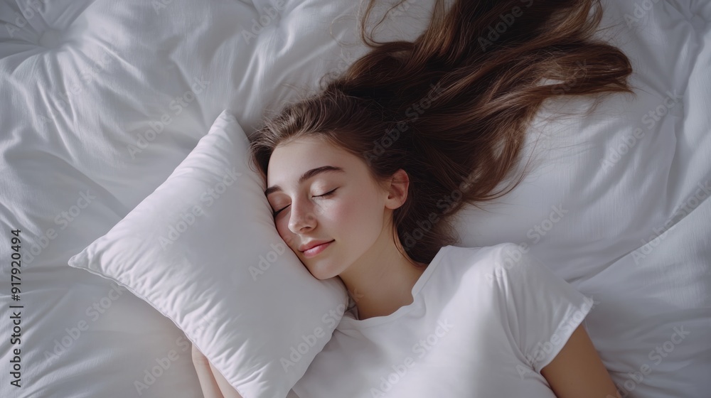Sweet Slumber: Top View of a Serene Young Woman Enjoying a Restful Night's Sleep with a Cozy White Pillow Sweet Slumber: Top View of a Serene Young Woman Enjoying a Restful Night's Sleep with a Cozy White Pillow