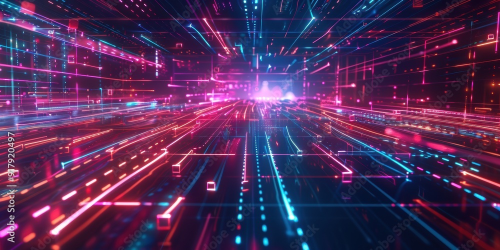 Obraz premium Abstract Neon Light Tunnel in Cyberspace