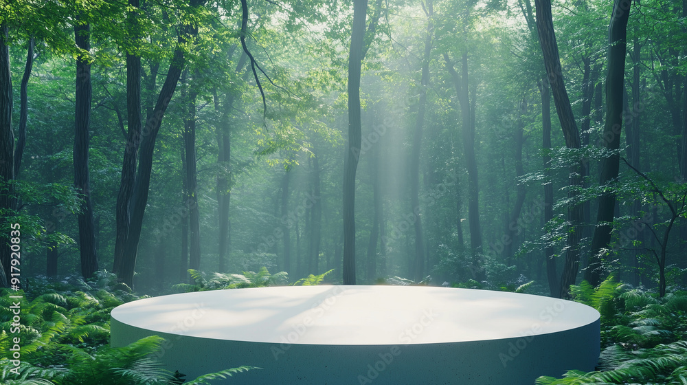 3D Rendered Podium Scene with a White Circular Platform Surrounded by Green Trees and Plants in a Sunlit Forest, Featuring Soft Lighting and a Dreamy Atmosphere 3D Rendered Podium Scene with a White Circular Platform Surrounded by Green Trees and Plants in a Sunlit Forest, Featuring Soft Lighting and a Dreamy Atmosphere