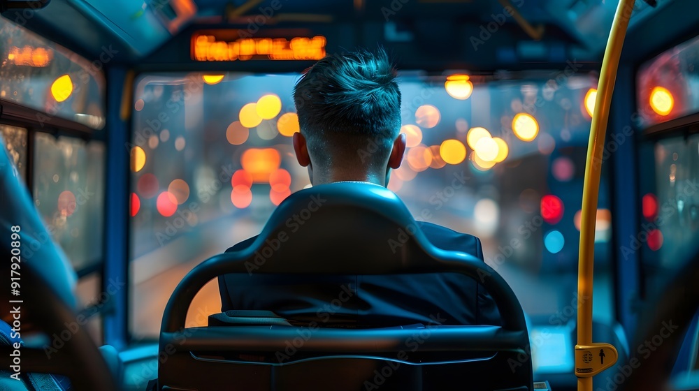 Naklejka premium bus driver in uniform driving the vehicle, viewed from behind on the front seat,