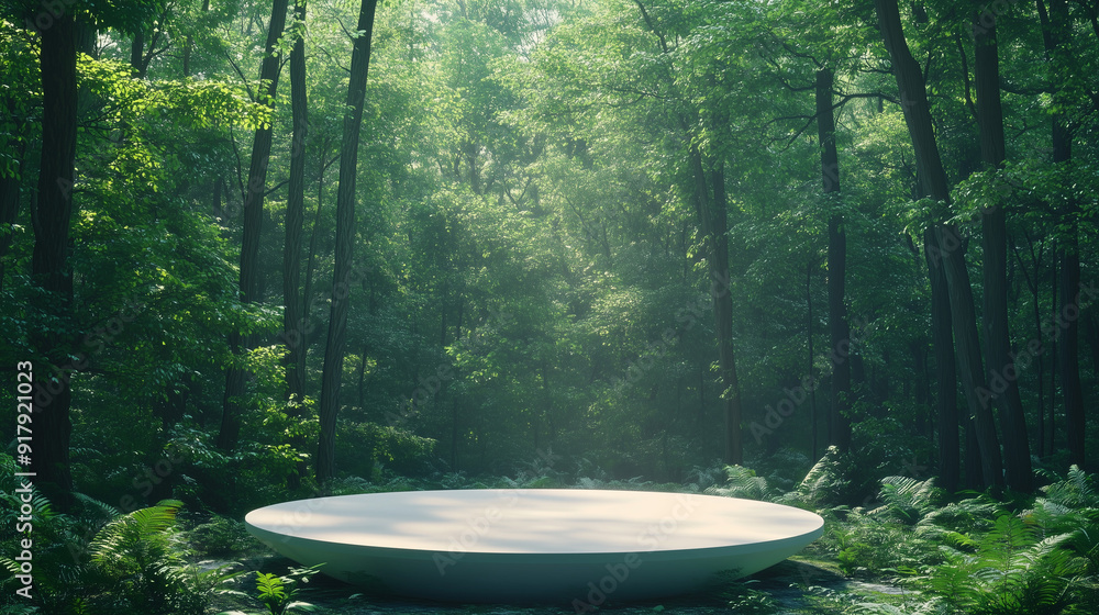 3D Rendered Podium Scene with a White Circular Platform Surrounded by Green Trees and Plants in a Sunlit Forest, Featuring Soft Lighting and a Dreamy Atmosphere 3D Rendered Podium Scene with a White Circular Platform Surrounded by Green Trees and Plants in a Sunlit Forest, Featuring Soft Lighting and a Dreamy Atmosphere