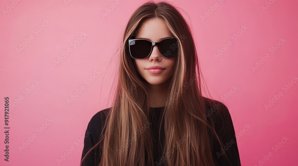 Radiant Youth: A Wonderful Young Woman with Long Hair Enjoying Herself on a Rosy Background, Relaxing in Trendy Sunglasses During a Photoshoot Radiant Youth: A Wonderful Young Woman with Long Hair Enjoying Herself on a Rosy Background, Relaxing in Trendy Sunglasses During a Photoshoot
