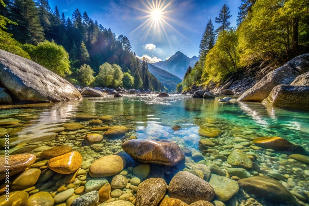 Photo realistic of Half underwater shot of mountain stream with crystal clear water. River water flows between the stones forming baths. Sun rays break through the water and reflected on the stones
