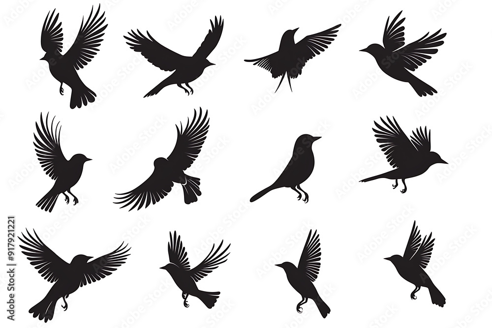 Obraz premium silhouettes of different birds in flight, silhouettes birds on white background.