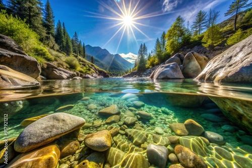 Photo realistic of Half underwater shot of mountain stream with crystal clear water. River water flows between the stones forming baths. Sun rays break through the water and reflected on the stones 
