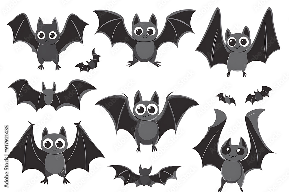 Bat in different positions on white background. Black silhouettes of bats. Bat in different positions on white background. Black silhouettes of bats.