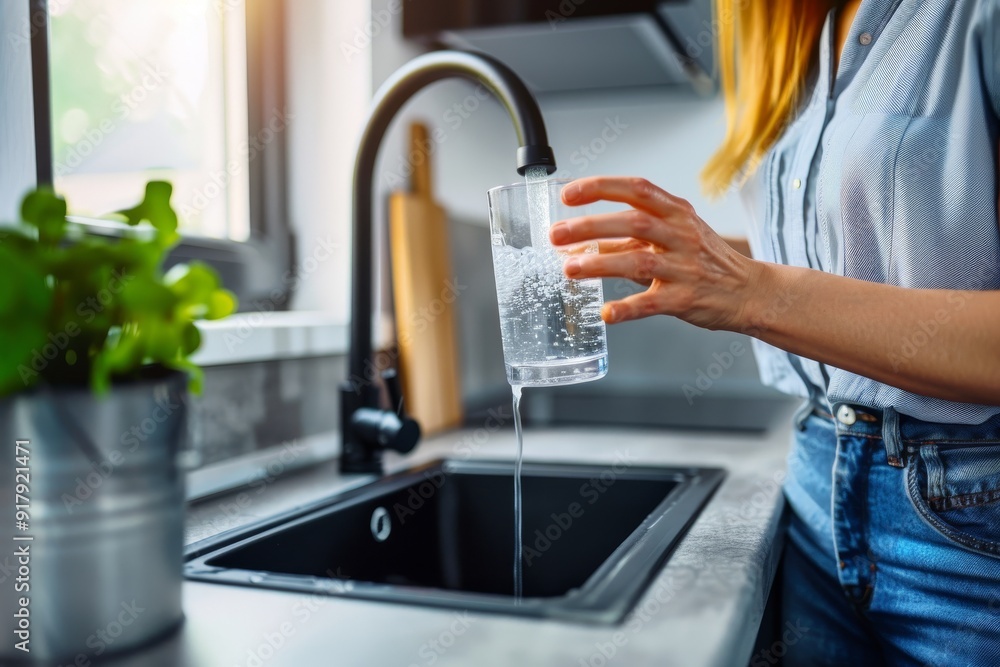 Close-up of thirsty man getting a glass of water from the sink in the kitchen. Beautiful simple AI generated image in 4K, unique. Close-up of thirsty man getting a glass of water from the sink in the kitchen. Beautiful simple AI generated image in 4K, unique.