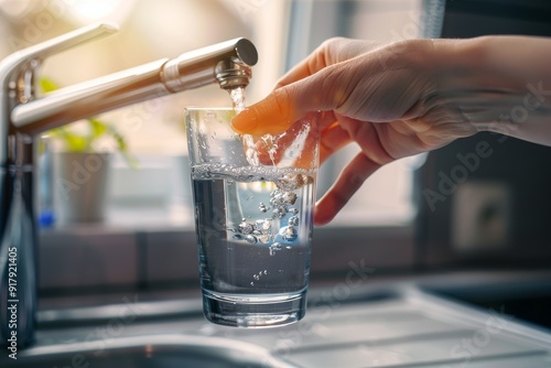 Close-up of hand with glass taking tap purified filtered water from special kitchen mixer. Beautiful simple AI generated image in 4K, unique.