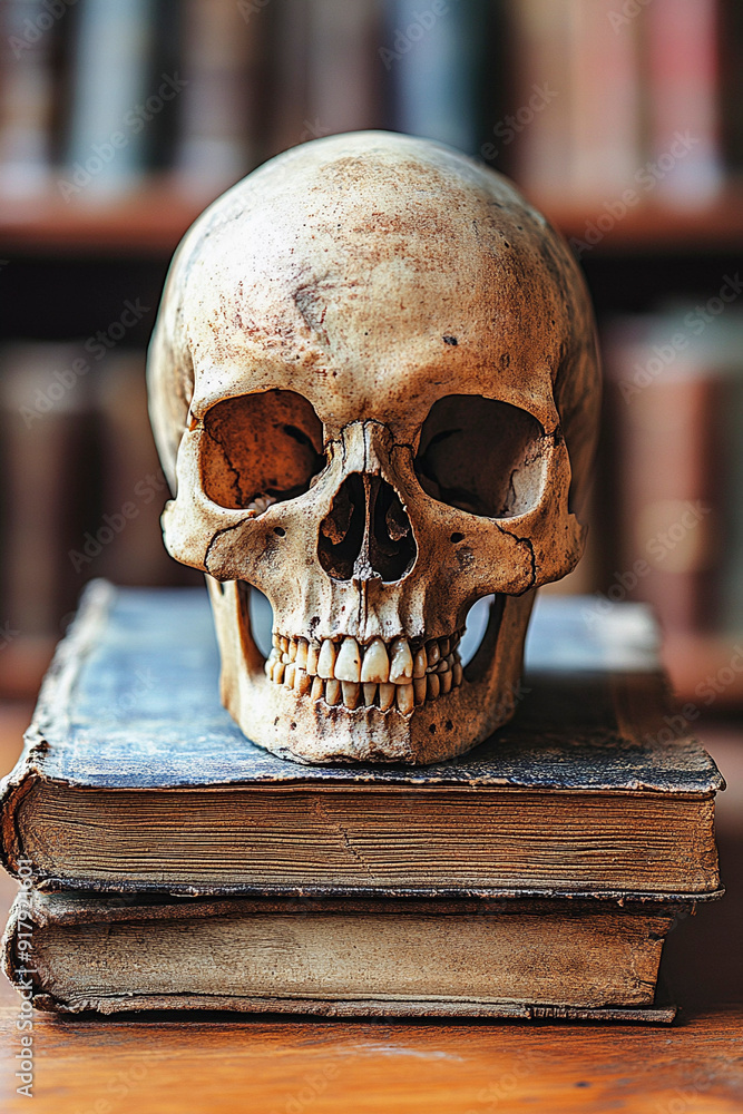 Skull placed on top of ancient books in a library setting, creating a contrast between life and knowledge. Generative AI Skull placed on top of ancient books in a library setting, creating a contrast between life and knowledge. Generative AI