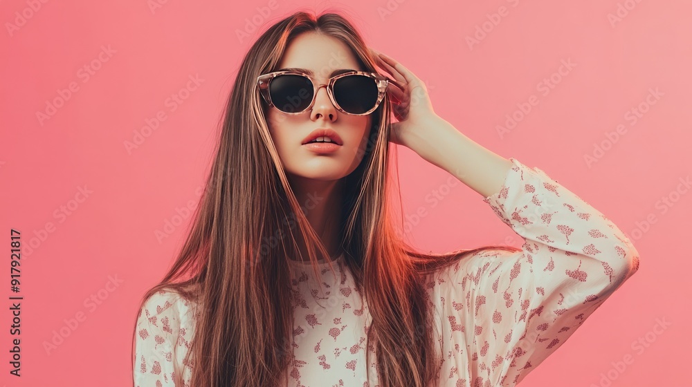 Radiant Youth: A Wonderful Young Woman with Long Hair Enjoying Herself on a Rosy Background, Relaxing in Trendy Sunglasses During a Photoshoot Radiant Youth: A Wonderful Young Woman with Long Hair Enjoying Herself on a Rosy Background, Relaxing in Trendy Sunglasses During a Photoshoot