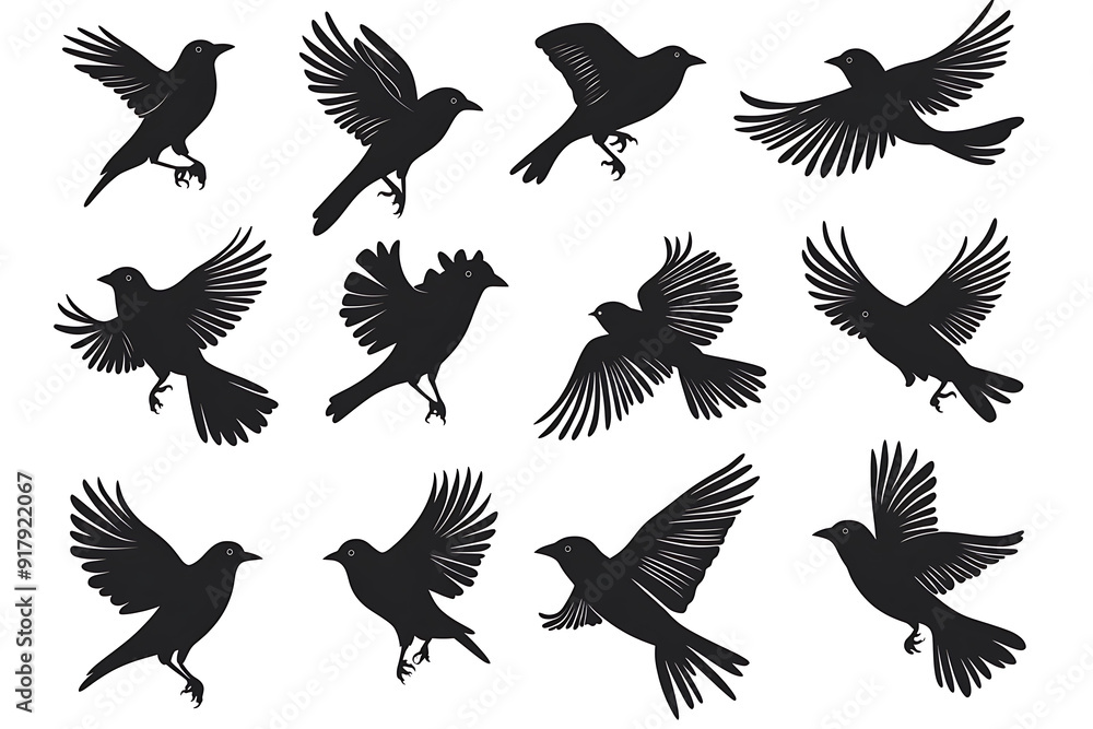 silhouettes of different birds in flight, silhouettes birds on white background. silhouettes of different birds in flight, silhouettes birds on white background.