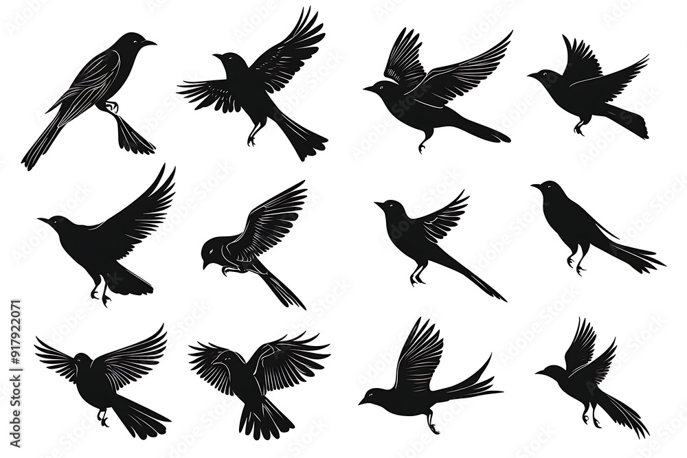 silhouettes of different birds in flight, silhouettes birds on white background. silhouettes of different birds in flight, silhouettes birds on white background.