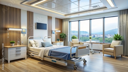 State-of-the-art hospital room with advanced medical equipment, sterile instruments, and comfy bed, providing top-notch care and comfort for patients undergoing various treatments.