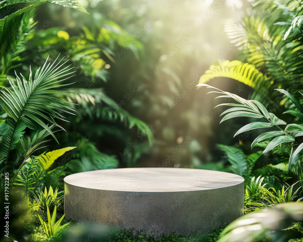 A small, round stone pedestal is surrounded by lush green foliage A small, round stone pedestal is surrounded by lush green foliage