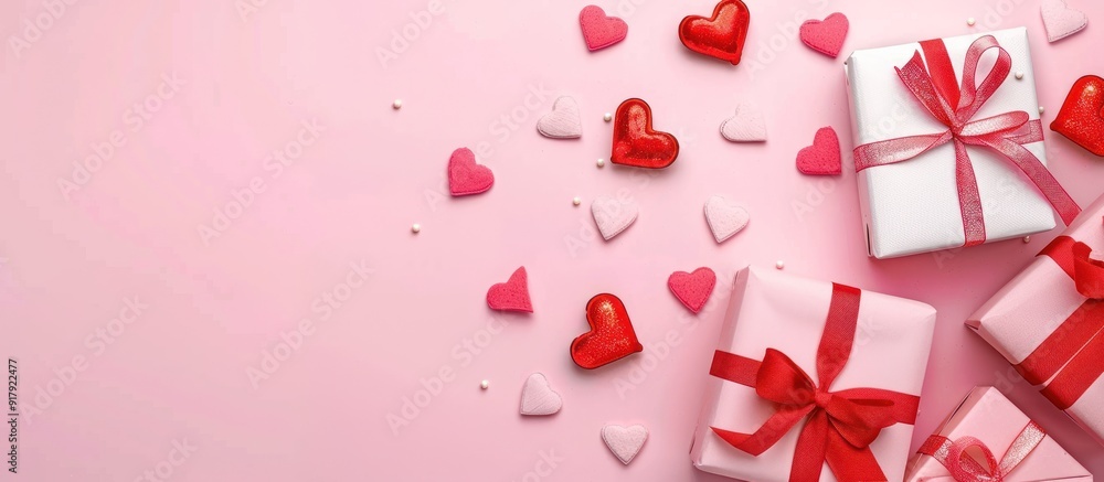 Valentine's Day flat lay composition with gift boxes. Valentine's Day flat lay composition with gift boxes.