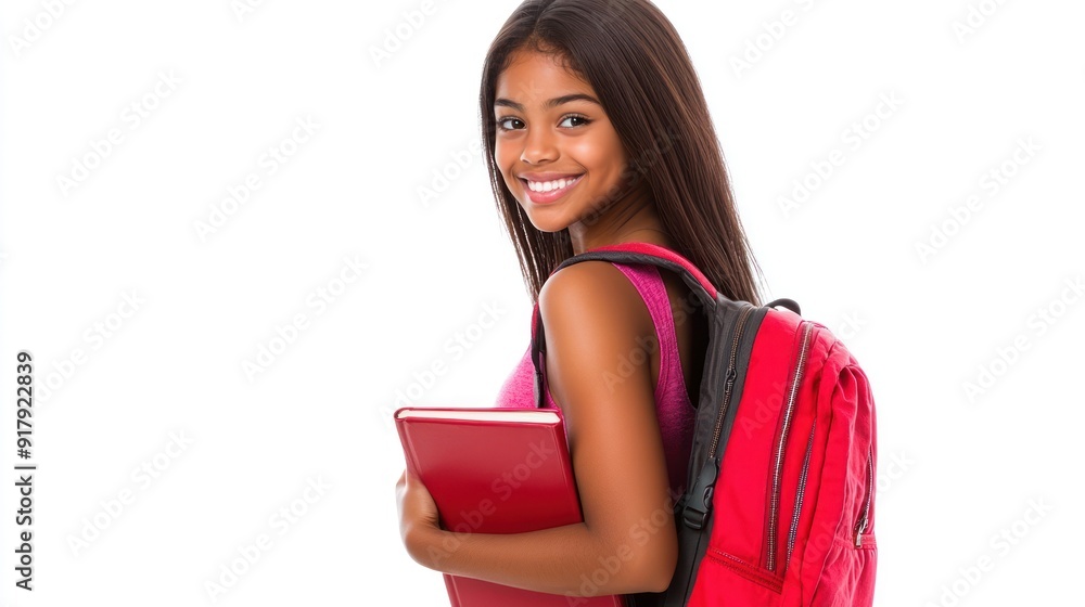 A young learner carries a tablet and beams with joy while showcasing her vibrant backpack A young learner carries a tablet and beams with joy while showcasing her vibrant backpack