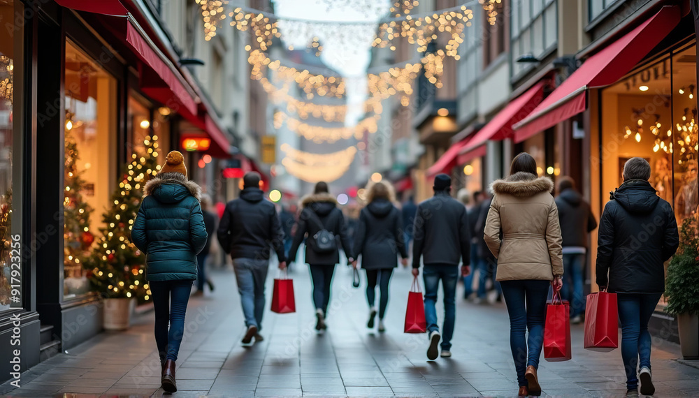 Obraz premium Holiday Shopping: Festive City Street with Christmas Lights and Shoppers