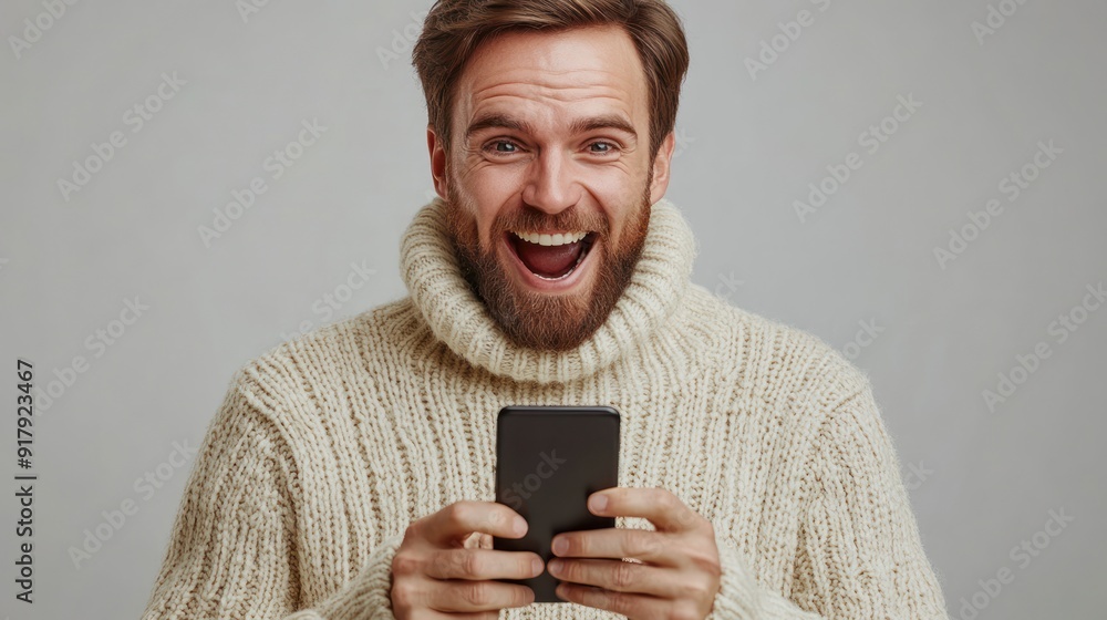 A smiling man with a beard joyfully interacts with his smartphone in a comfortable atmosphere A smiling man with a beard joyfully interacts with his smartphone in a comfortable atmosphere