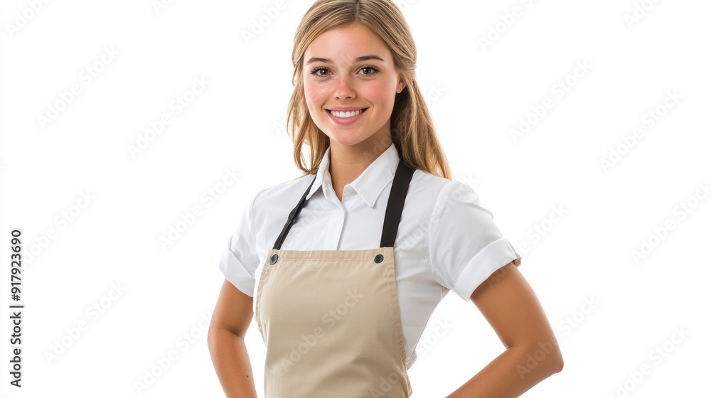 A cheerful woman stands proudly in her apron, embodying warmth and professionalism for her culinary role A cheerful woman stands proudly in her apron, embodying warmth and professionalism for her culinary role