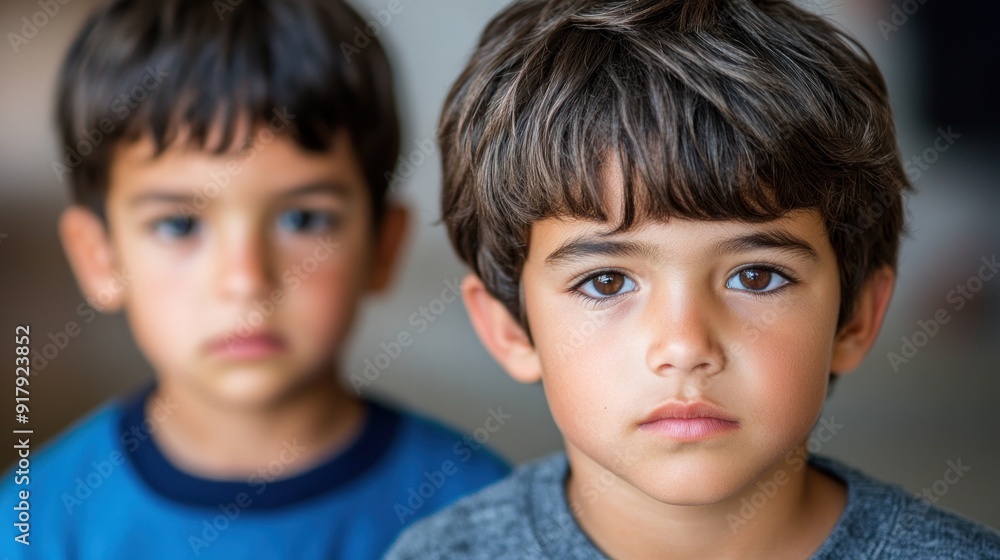 Two boys with captivating expressions, one serious and one contemplative, share a moment of quiet connection Two boys with captivating expressions, one serious and one contemplative, share a moment of quiet connection
