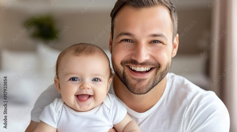 A man beams with happiness while cradling his cheerful baby in an inviting room A man beams with happiness while cradling his cheerful baby in an inviting room