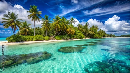 Turquoise lagoon waters lap against the white sandy shores of a picturesque island, surrounded by lush palm trees and coral reefs in the South Pacific.