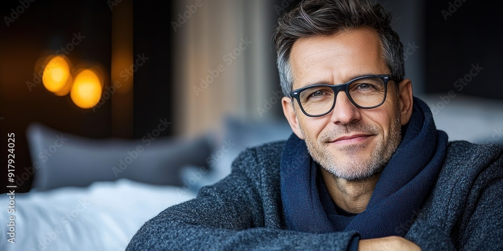 Obraz premium A man smiles warmly, dressed casually, immersed in a tranquil indoor environment