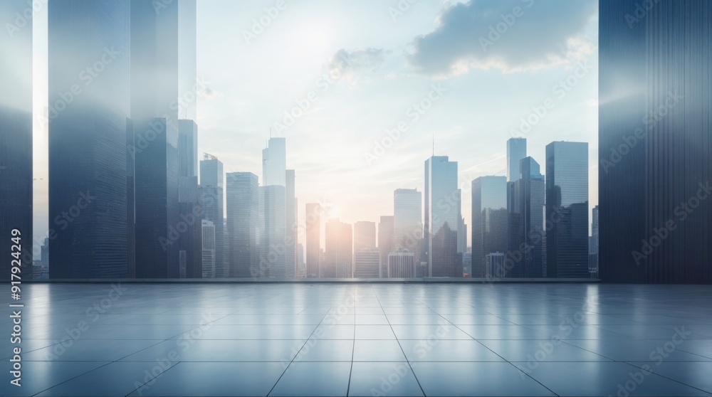 A gleam city panorama below a misty sky at sunrise A gleam city panorama below a misty sky at sunrise