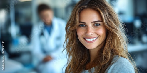 Wallpaper Mural A smiling woman engages in a friendly conversation in a bright healthcare environment Torontodigital.ca
