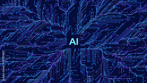 Abstract AI Digital Circuit Board Tech Background. Technology Connected Blue Lines Electronics Elements BG. Computer Motherboard Processor Chip. Neural Network Concept. Vector Illustration.