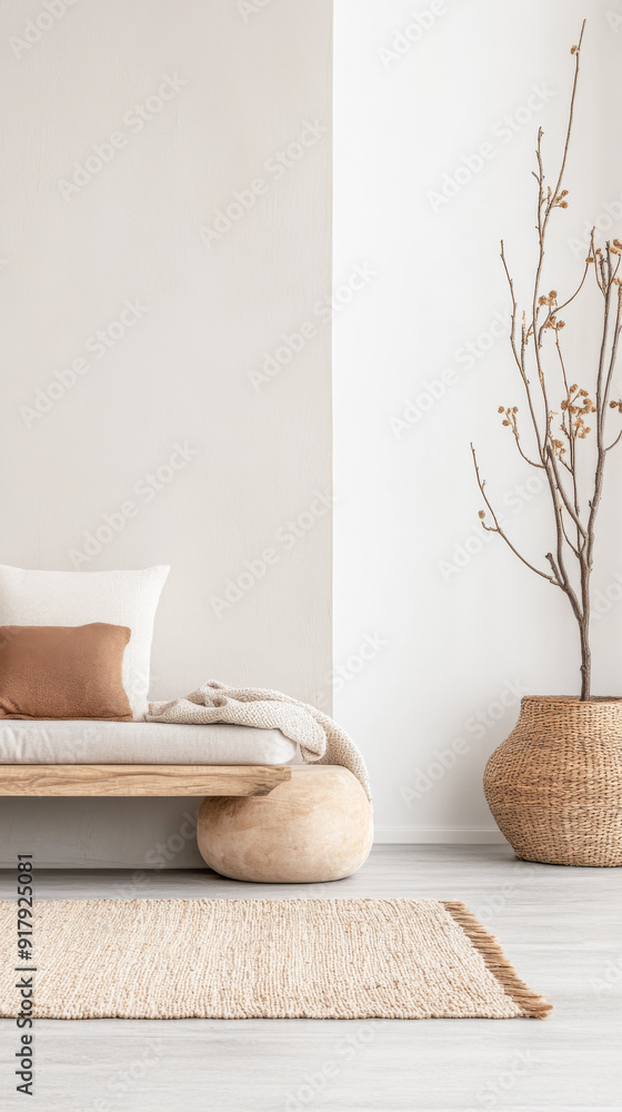 Japandi room interior design composition with oriental arrangements and warm tones. Zen inspired interiors with copyspace. Japandi room interior design composition with oriental arrangements and warm tones. Zen inspired interiors with copyspace.