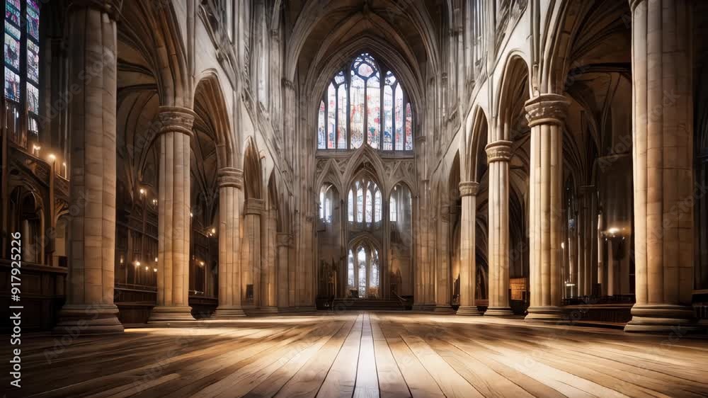 Inside of an ancient gothic cathedral with wooden floor and carved stone columns Inside of an ancient gothic cathedral with wooden floor and carved stone columns