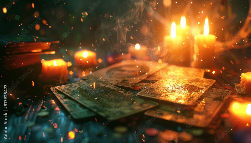 Tarot Card Reading in Progress with Candles, Mysterious Atmosphere Tarot Card Reading in Progress with Candles, Mysterious Atmosphere