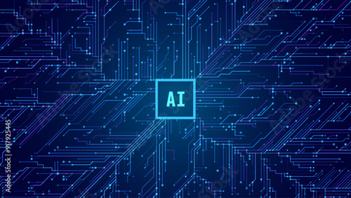 Abstract AI Digital Circuit Board Tech Background. Technology Connected Blue Lines Electronics Elements BG. Computer Motherboard Processor Chip. Neural Network Concept. Vector Illustration.