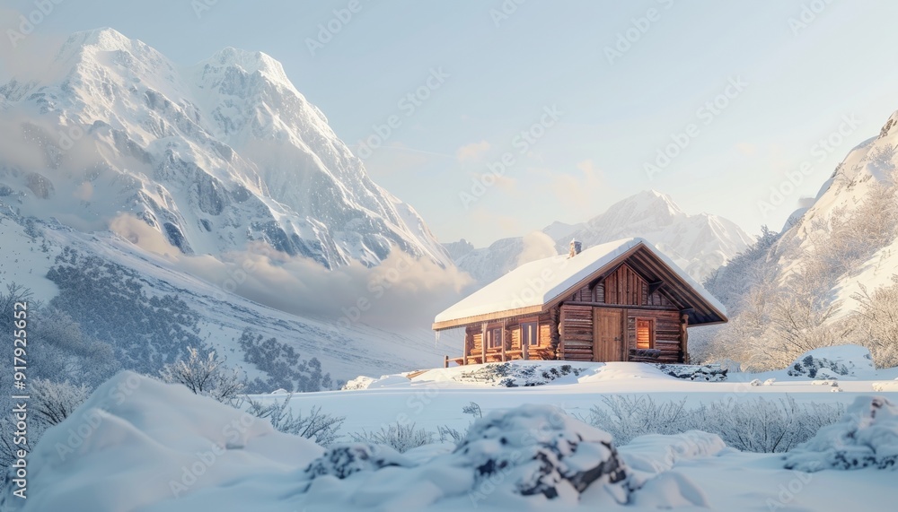 Isolated Wooden Cabin Surrounded by Snow Under Pristine White Sky, Ecolodge, Copy Space Isolated Wooden Cabin Surrounded by Snow Under Pristine White Sky, Ecolodge, Copy Space