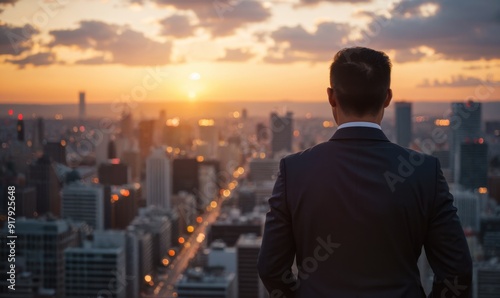 A man in a suit standing against a backdrop of the city at sunset 