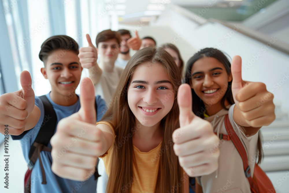 A group of happy students showing thumbs up and smiling in the white modern interior. A group of happy students showing thumbs up and smiling in the white modern interior.