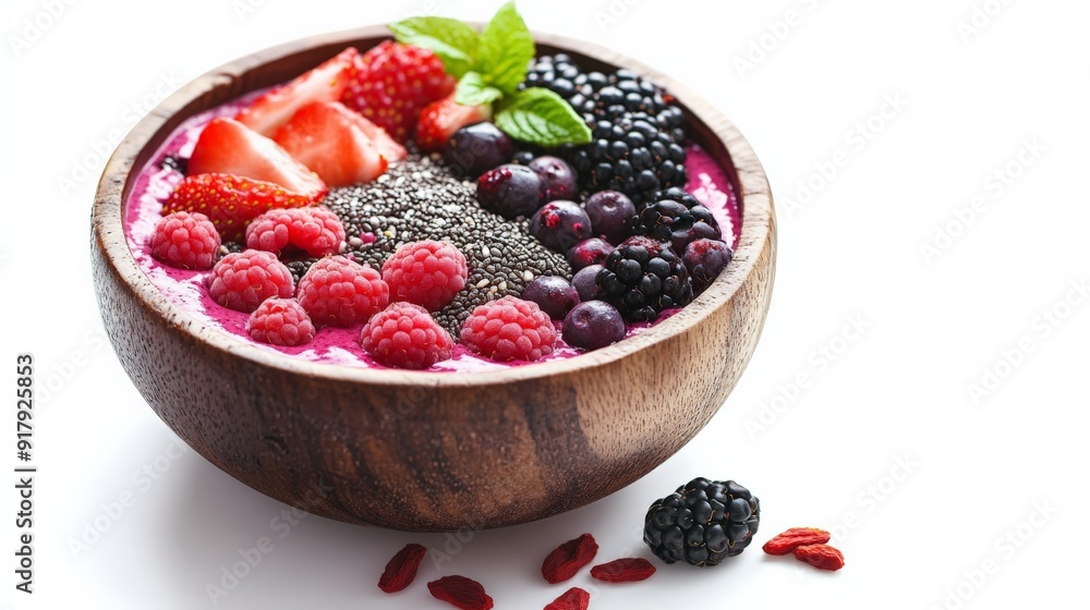 Delicious and healthy acai bowl topped with fresh strawberries, raspberries, blackberries, blueberries, chia seeds, and mint leaves. Delicious and healthy acai bowl topped with fresh strawberries, raspberries, blackberries, blueberries, chia seeds, and mint leaves.