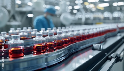 Pharmacist Examining Medical Vials on Production Line Conveyor in Pharmaceutical Factory