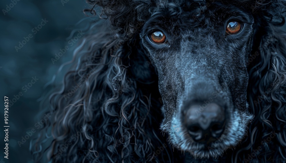 Portrait of Poodle with Curly Fur, Calm Demeanor, Expressive Eyes, Dark Background, Sheep-Like Appearance Portrait of Poodle with Curly Fur, Calm Demeanor, Expressive Eyes, Dark Background, Sheep-Like Appearance