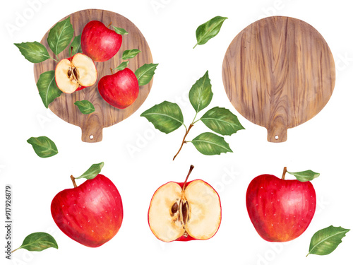 Red apples with wooden round cutting board. Watercolor illustration. Set of whole and sliced ​​fruits with leaves and kitchen utensils. Hand drawn isolated clipart. For packing cream, jam, juice