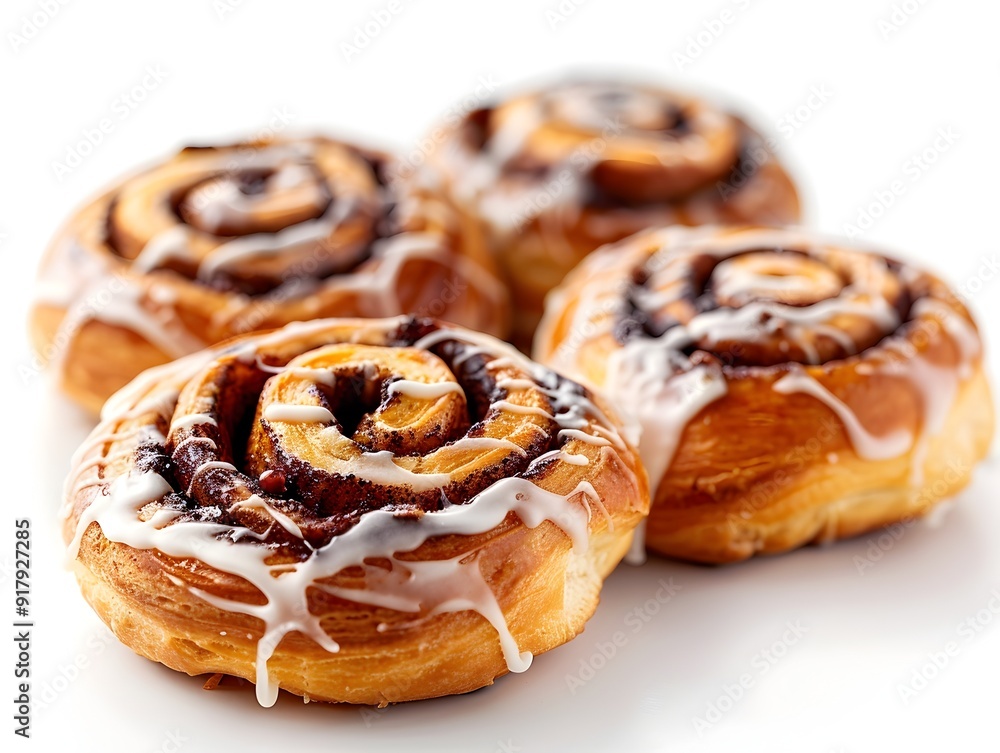 Delectable Cinnamon Rolls with Creamy Icing on Inviting White Background Delectable Cinnamon Rolls with Creamy Icing on Inviting White Background