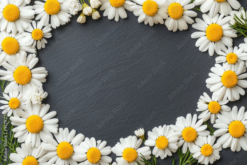 Obraz premium Beautiful daisy flowers arranged in a frame, perfect for creating a cheerful backdrop or highlighting a special message.