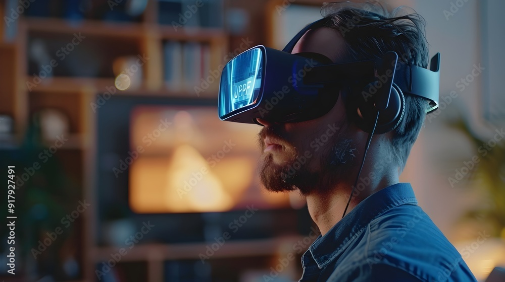 Professional Man Using VR Headset for Virtual Remote Work with Interactive Collaborative Tools Professional Man Using VR Headset for Virtual Remote Work with Interactive Collaborative Tools
