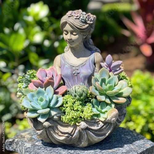 Enchanting garden statue with succulent arrangement photo