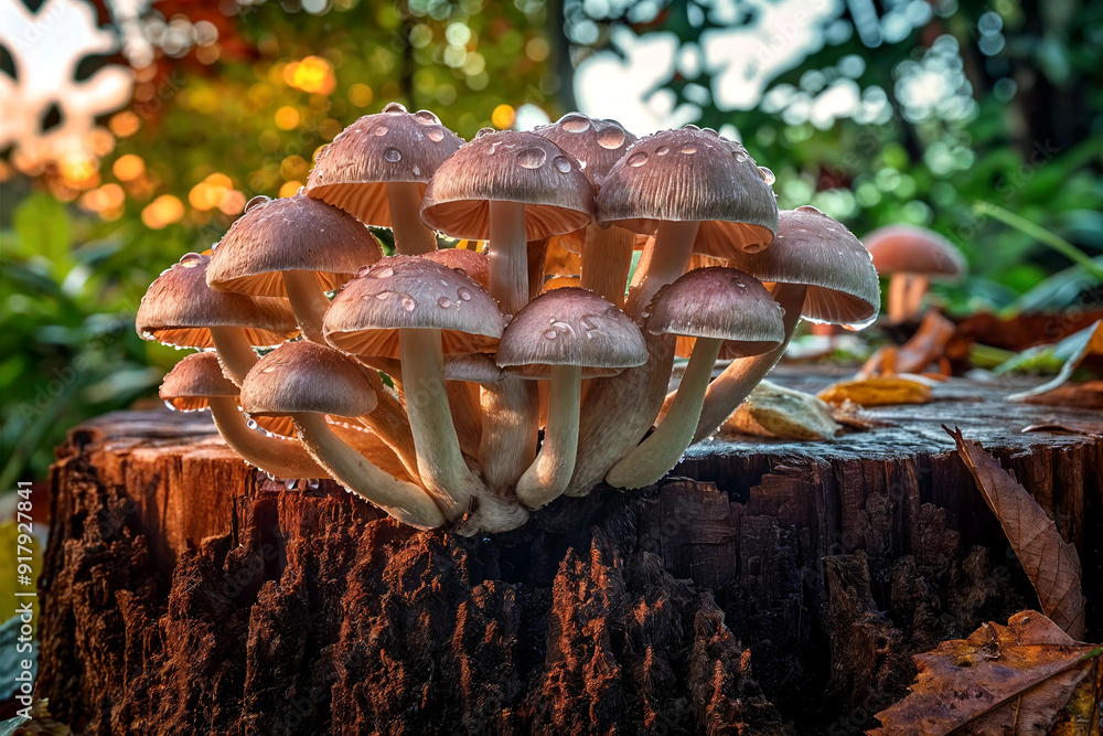 Fototapeta premium Mushrooms Growing On A Decaying Tree Stump, Captured At Dawn With Dewdrops Delicately Clinging To Their Caps.