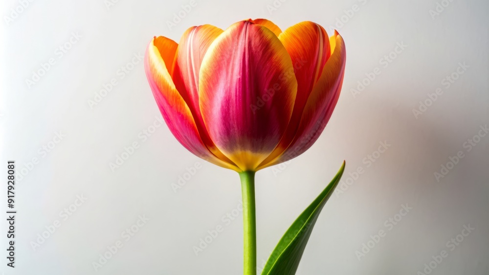 Vibrant, cup-shaped tulip with delicate petals and slender stem stands alone against a soft, creamy white background, showcasing its elegant simplicity and beauty. Vibrant, cup-shaped tulip with delicate petals and slender stem stands alone against a soft, creamy white background, showcasing its elegant simplicity and beauty.