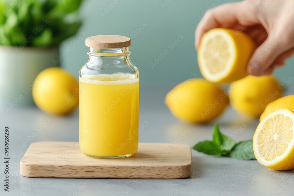 Fototapeta premium Fresh lemon juice in a glass jar, surrounded by ripe lemons and mint, perfect for refreshing drinks or culinary uses.