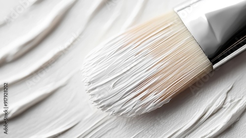 A close-up image of a paintbrush coated with white paint smoothly applying paint on a surface, showcasing the precision and smoothness of the painting process. photo