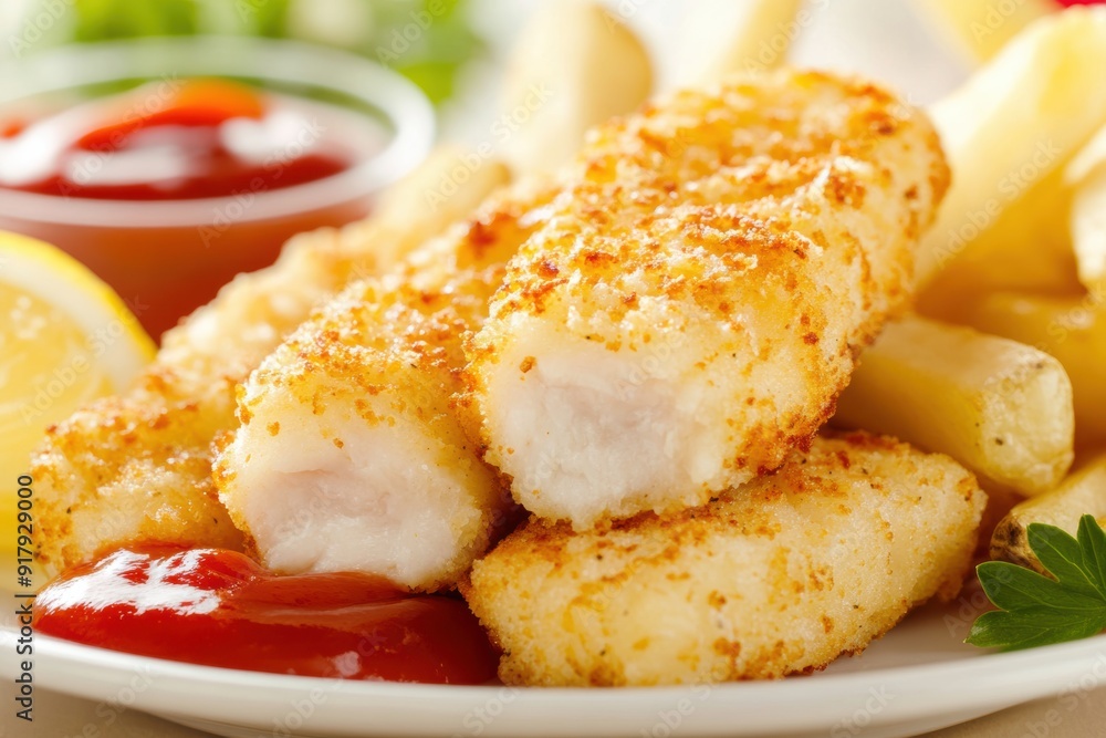 Juicy breaded fish fillets with golden french fries condiments Juicy breaded fish fillets with golden french fries condiments
